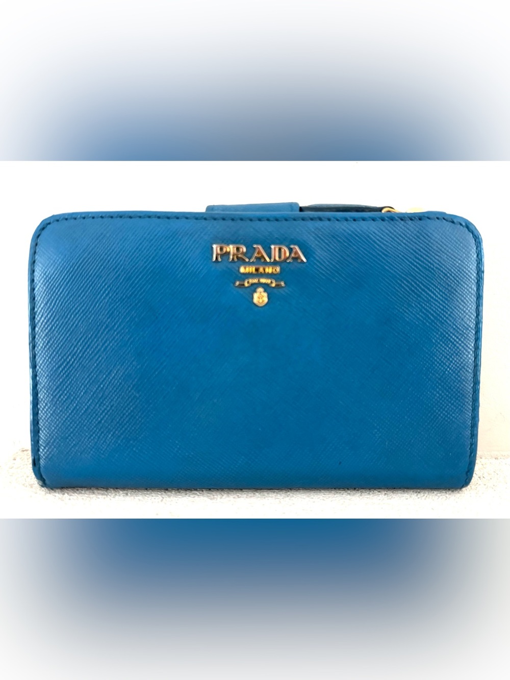PRADA Blue Saffiano Leather Compact Zip Wallet Gold Hardware